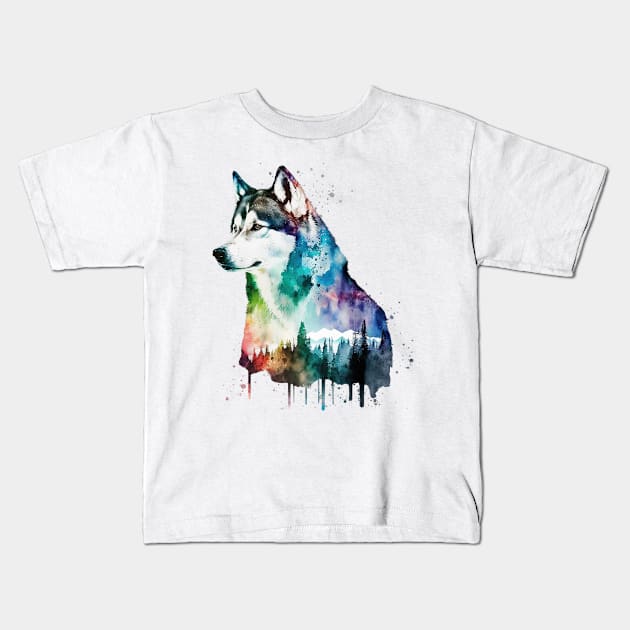 Rainbow Forest Siberian Husky Watercolor Art Kids T-Shirt by doglovershirts